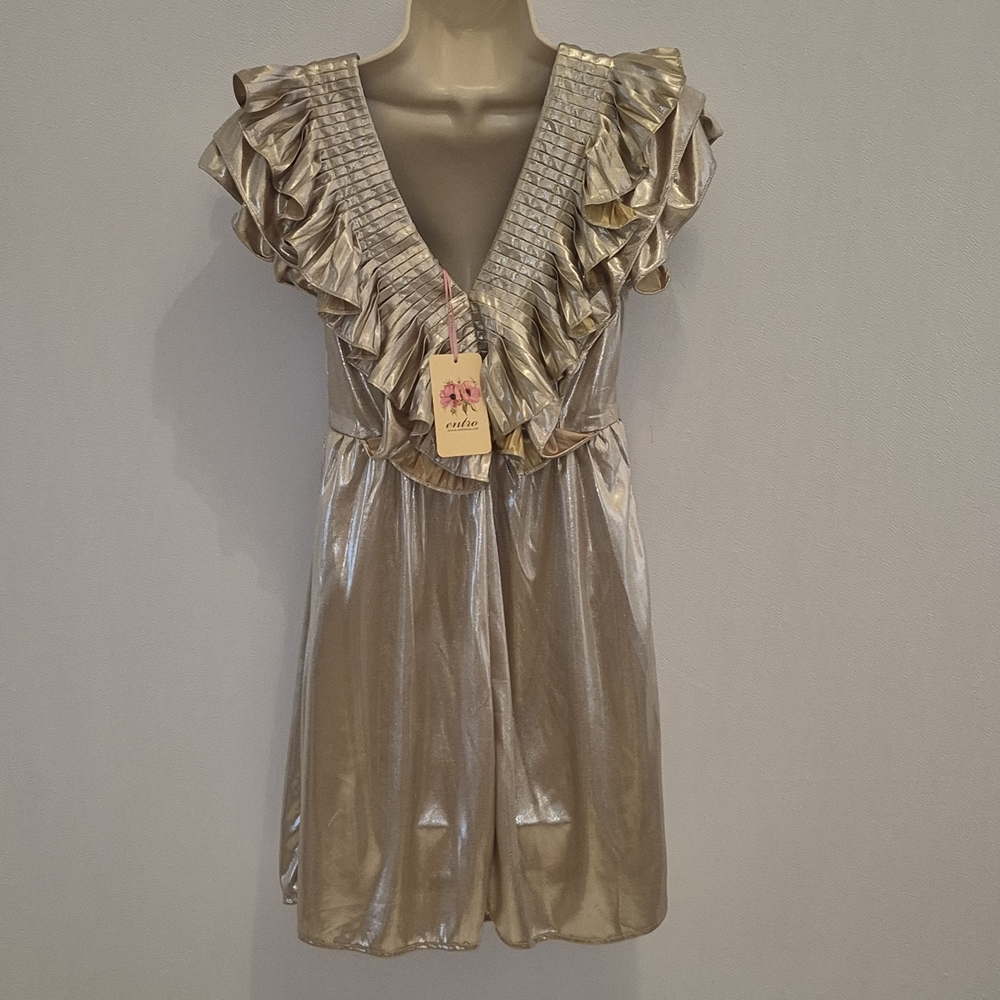 Entro Gold Metallic Size S NEW Ruffled Mini Dress - Picture 2 of 8